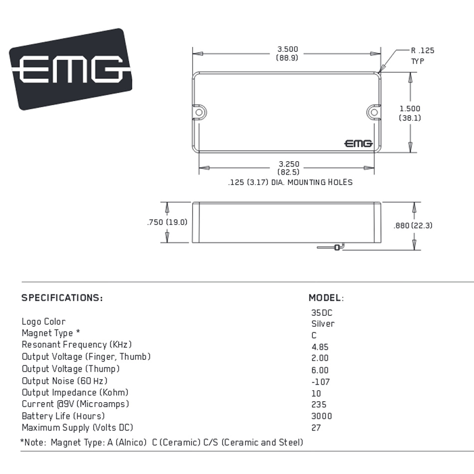 EMG 35DC Active Ceramic Soapbar Bass Humbucker - Image 2